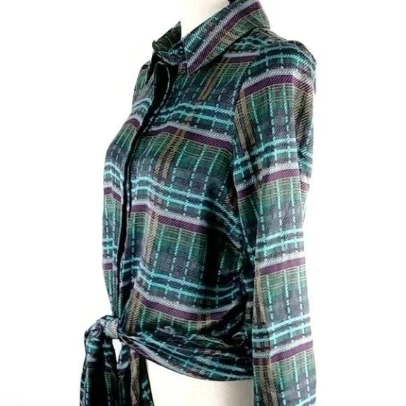 JOA Green Satin Plaid Tie Front Silky Long Sleeve Top - Picture 9 of 14